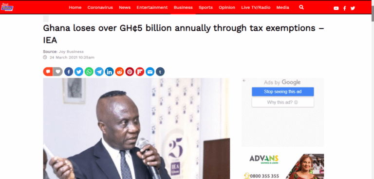 Ghana Loses Over GH¢5 Billion Annually Through Tax Exemptions – IEA – Institute of Economic Affairs (IEA) Ghana Ghana Loses Over GH¢5 Billion Annually Through Tax Exemptions – IEA